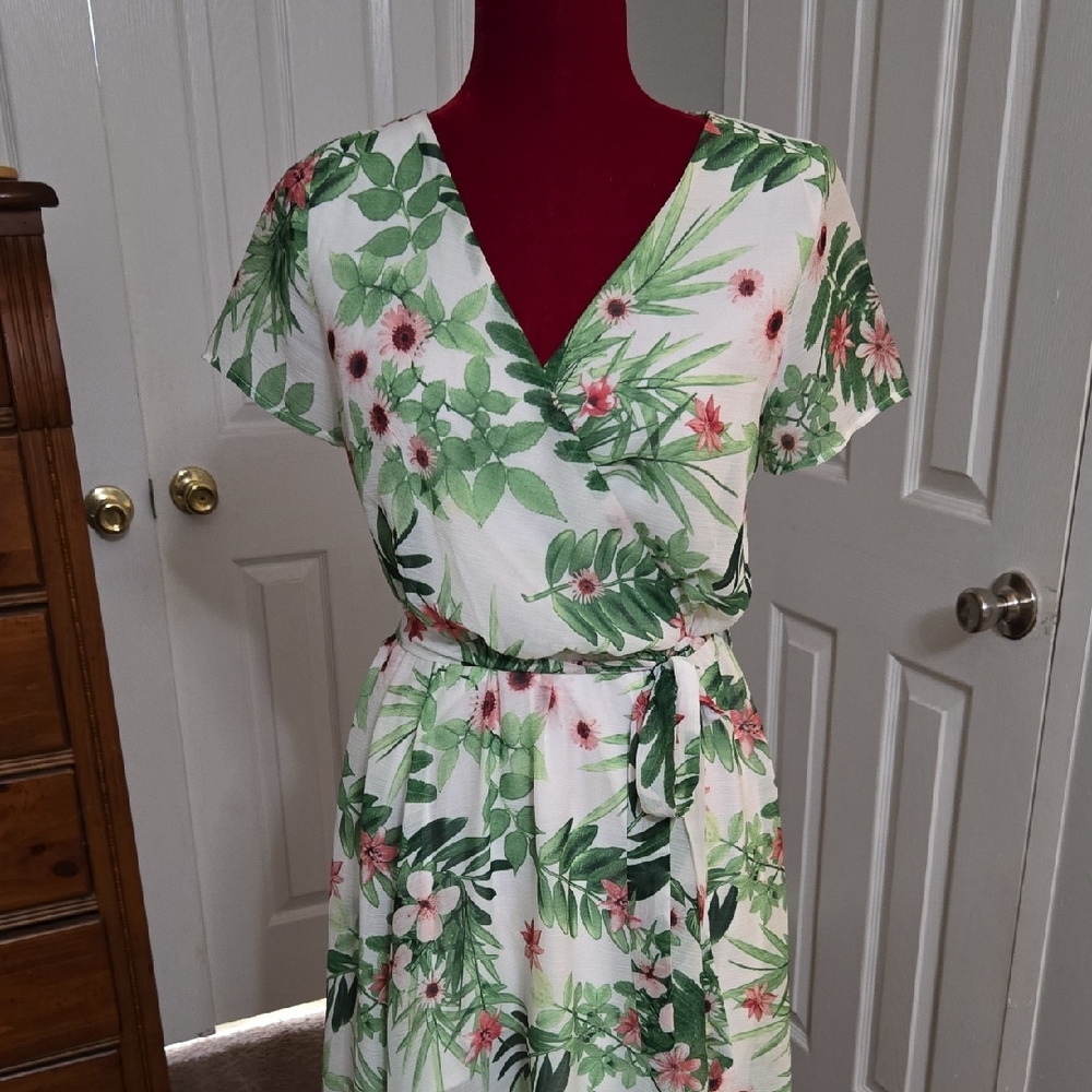 Tropical Green and White Floral Midi Dress